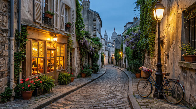 Charming Parisian Alleyway at Dusk with Bicycle and Cafe Lights