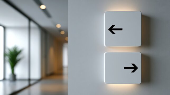 Two illuminated square signs with left and right arrows mounted on a modern white wall in a sleek, minimalistic hallway.