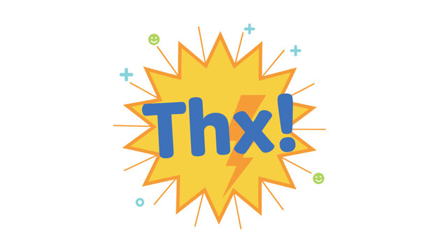 Friendly blue hand written text saying thx on a bright yellow comic sunburst explosion with small playful smileys.