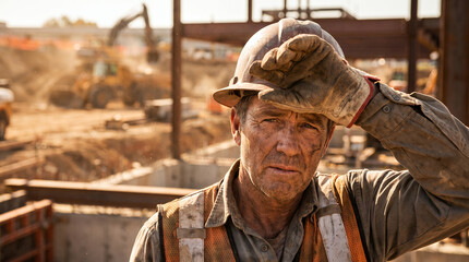Fototapeta premium Middle-aged man wiping sweat on construction site under the sun 