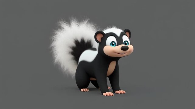 Cute cartoon skunk walking in a neutral studio setting with subtle cinematic lighting and soft focus