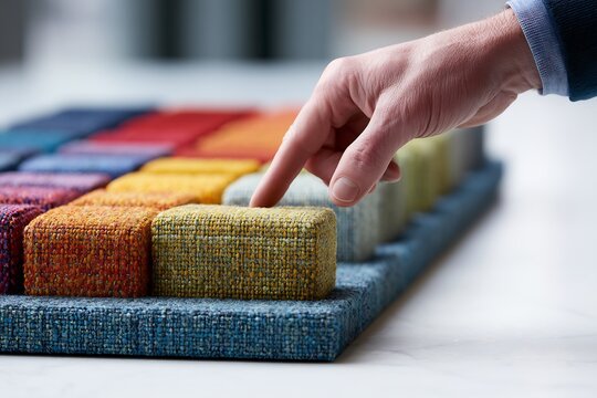 Man's hand selecting a yellow fabric sample from a vibrant collection, highlighting material choice and design process.