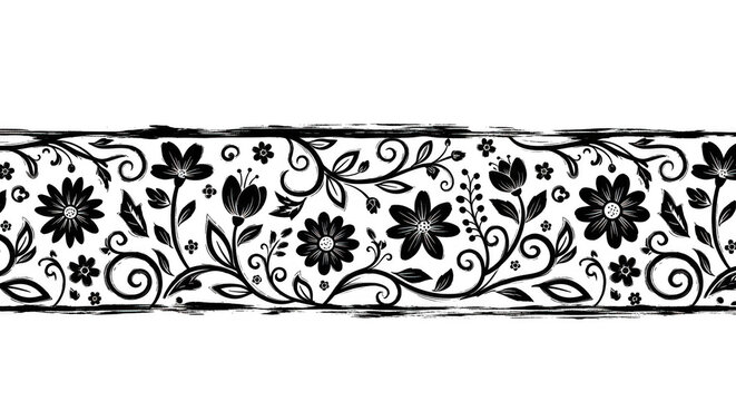 Elegant floral border design with intricate scrolling vines and blooming flowers in a monochrome pattern isolated on transparent background