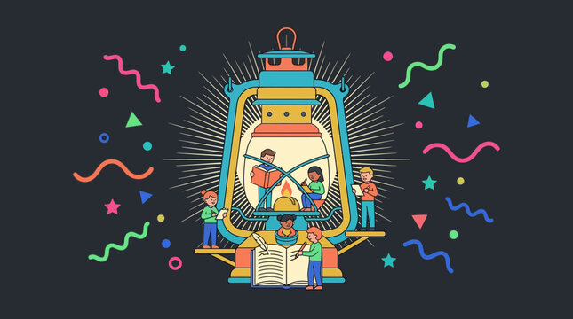 Diverse Children Learning and Reading Together inside a Giant Lantern Illustration