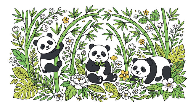 Hand drawn giant panda illustration, cute pandas in bamboo forest with tropical leaves and flowers, botanical wildlife vector background for kids