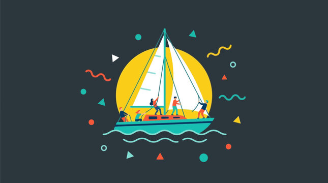 Illustration of People Sailing on a Boat with Geometric Shapes