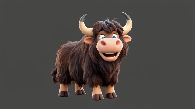Fluffy yak standing in a neutral studio setting with subtle cinematic motion and soft lighting