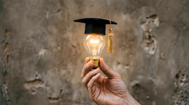 Graduation cap on light bulb representing idea and success in education.