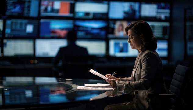 Nighttime in newsroom with anchor preparing script focused foreground with outoffocus monitors streaming various breaking stories behind.