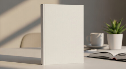 Fototapeta premium Blank White Book Cover Mockup on Desk with Natural Sunlight