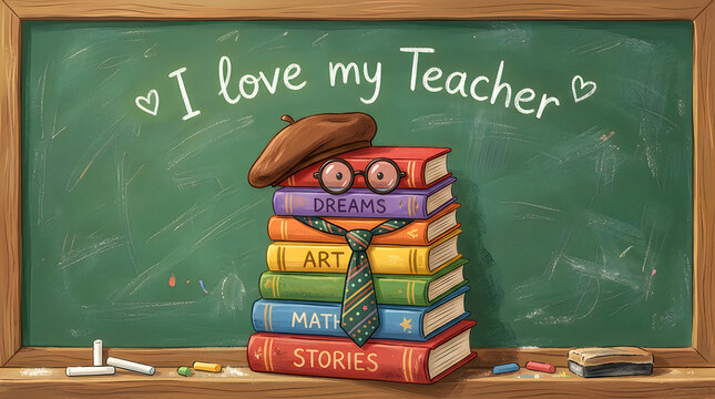 Stack of books with funny face and tie in front of blackboard with text.