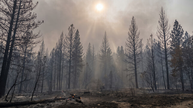 Burned forest with smoke and sun rays penetrating through trees  
