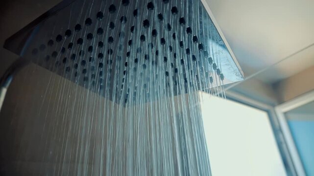 Water Flowing From Large Square Shower Head. Turning On Water Douche In Bathroom. Hygiene Procedure