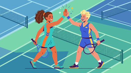 Fototapeta premium Two Female Tennis Players Celebrating Victory on Court