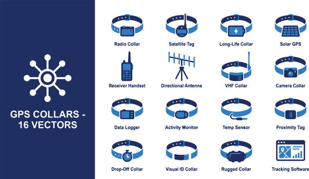Various GPS tracking collars and devices on display for animals and objects in a technological setting with multiple gadgets and equipment.