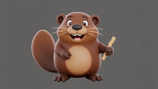 Happy cartoon beaver holding a wooden stick on a neutral background with cinematic motion