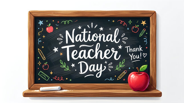 Handwritten Chalkboard Message Celebrating Educator Appreciation with Red Apple on Wooden Frame