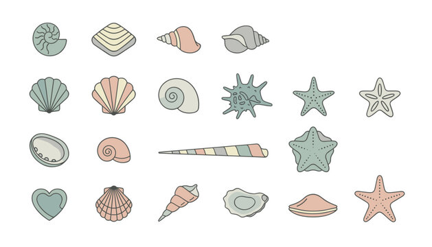 Pastel colored marine life collection featuring diverse seashells starfish oyster and abalone elements on a white background.