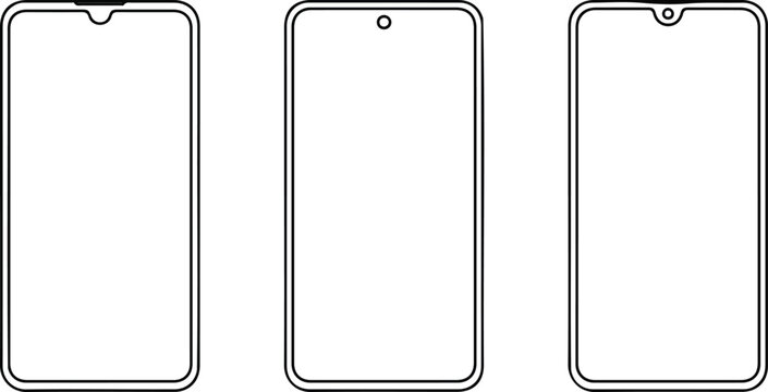 Set of smartphone outline designs showing notch, hole‑punch, and pill‑cut camera styles symbolizing mobile technology concept illustration