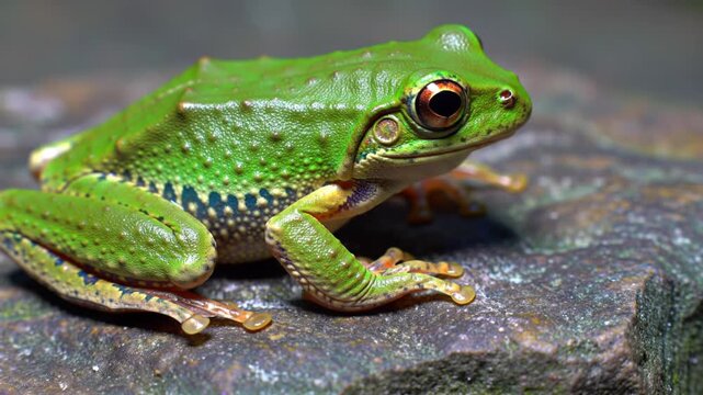 Close up slow motion green tree frog resting on wet mossy rock in natural habitat