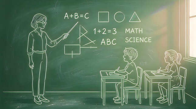 Teacher drawing on blackboard with students in classroom