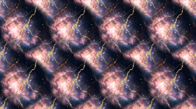 Vibrant Cosmic Morganite Nebula and Luxury Gold Kintsugi Hybrid Seamless Pattern
