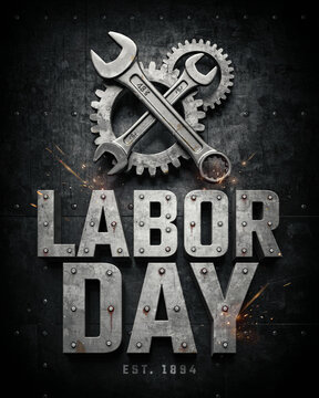 Labor day usa canada industrial design wrenches gears and riveted metal background for holiday promotions
