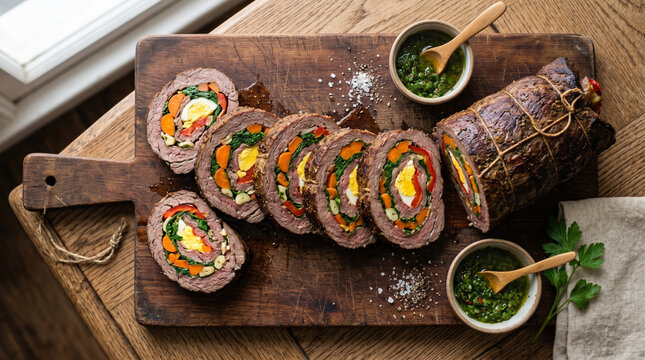 Matambre, stuffed beef roll close up