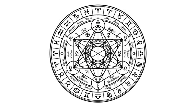 Astrological Zodiac Wheel with Alchemical Symbols and Sacred Geometry