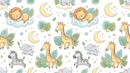 Obraz premium Soft seamless pattern of cute baby safari animals sleeping and playing under moons and stars