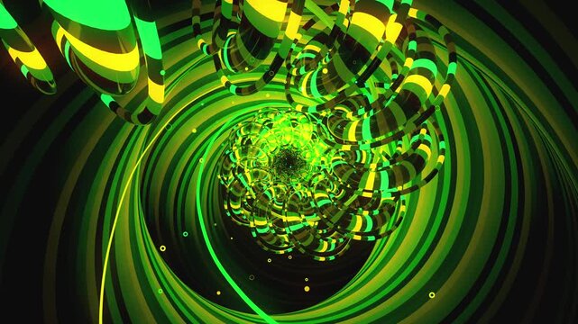 Abstract digital vortex made of twisting torus chains, spiral orbital paths and cosmic ring arrays, creating deep astrophysics science background.