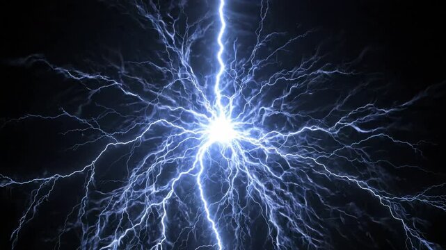 Powerful blue lightning bolt striking through a dark night sky with intense electrical energy discharge and bright glowing sparks, featuring negative space for text