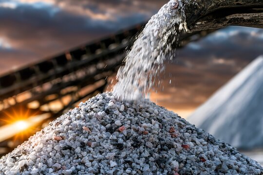 Conveyor belt pouring crushed stones onto a large pile under a dramatic sunset sky in an industrial mining setting, highlighting raw material production.