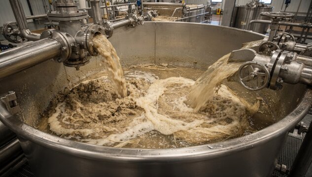Industrial pulp washing process captured in medium shot focusing on interior piping and flow dynamics within stainless tanks emphasizing fiber and contaminant separation.