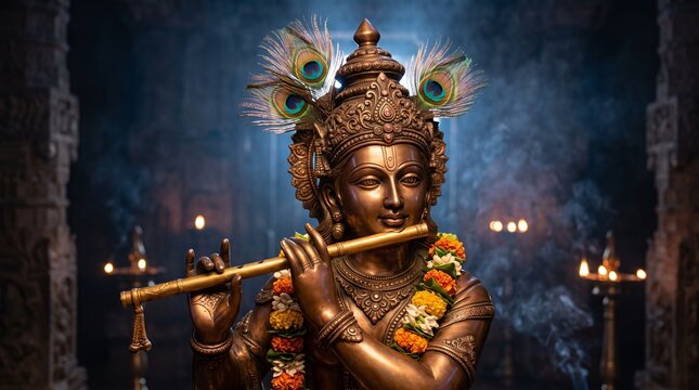Majestic statue of the hindu god lord krishna a concept for janmashtami festival worship religion culture tradition art and a spiritual celebration