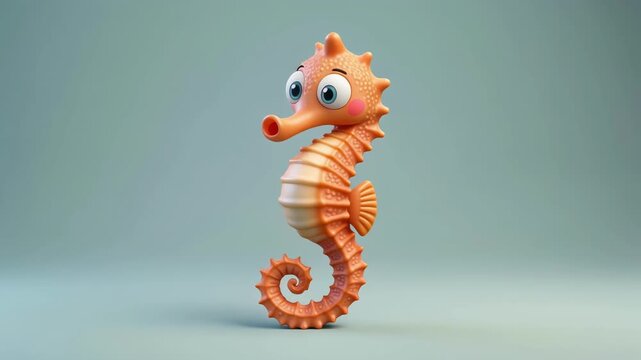 Orange seahorse character animated in smooth cinematic motion against a soft blue background with subtle lighting variations