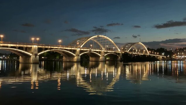 Cinematic 4K nighttime footage of Basra Iraq showing illuminated bridges reflecting on calm waters city lights glowing atmospheric urban scenery perfect travel architecture cultural stock 