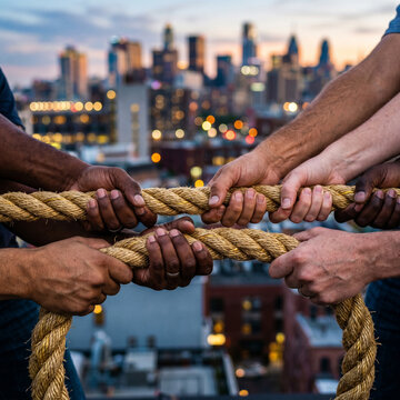 Diverse hands pull thick rope together against city skyline at dusk, teamwork concept