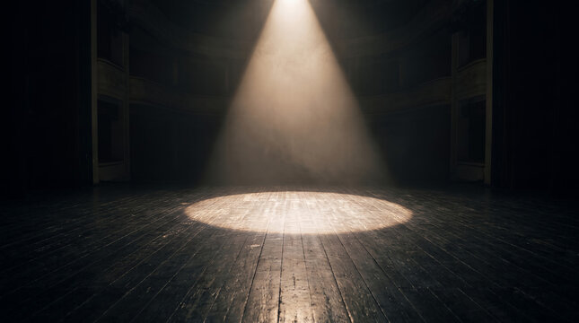 Dimly lit stage spotlight illuminating empty theater floor  
