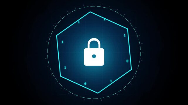 Digital padlock icon on futuristic hexagonal interface representing cybersecurity and data protection.