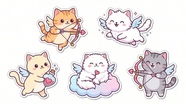 Five adorable winged cupid cats in various poses with bows, arrows, and hearts on white
