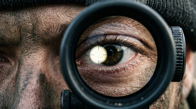 Extreme Close-Up of a Sharpshooter Eye Looking Through a Rifle Scope
