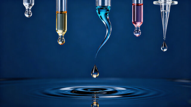 Multiple sets of droppers drip colorful experimental liquid, representing the concept of essence skin care developed by the laboratory, customized formula and special effect

