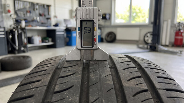 Tire tread depth measurement in automotive workshop with tools  