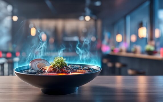 Vivid Neon Black Ramen Bowl with Dramatic Garlic Garnish in Restaurant Setting