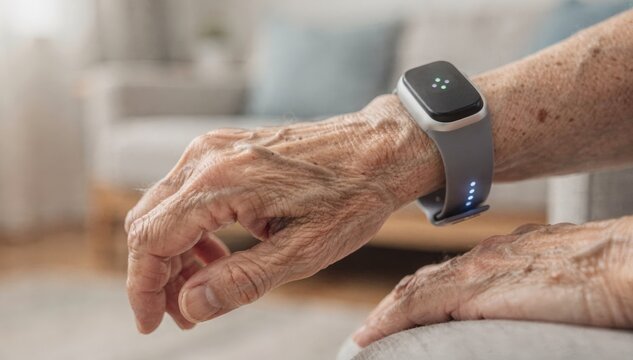 Closeup of advanced smart wearable pulse and movement sensors on an elderly patient with the background interiors softly blurred portraying innovative fall prevention technology.