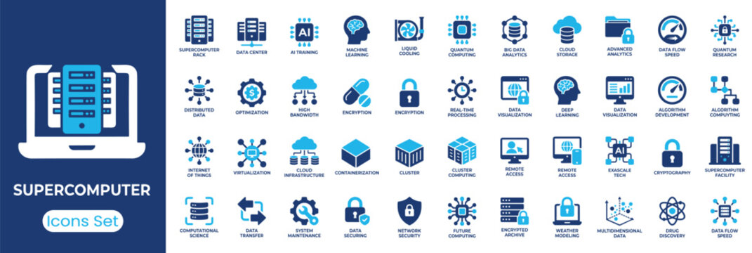Supercomputer icon set. Containing data center, AI training, quantum computing, cloud storage, machine learning and more. Solid vector icons collection