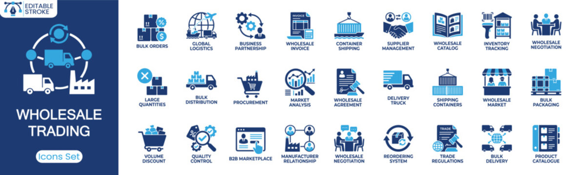Wholesale trading icon set. Containing bulk orders, global logistics, wholesale invoice, container shipping, procurement and more. Solid vector icons collection