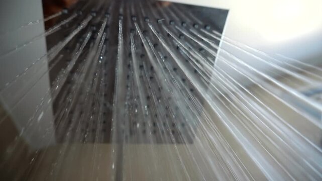 Water Jets Spraying From Modern Square Shower Head In Bathroom. Hygiene Refreshment Morning 