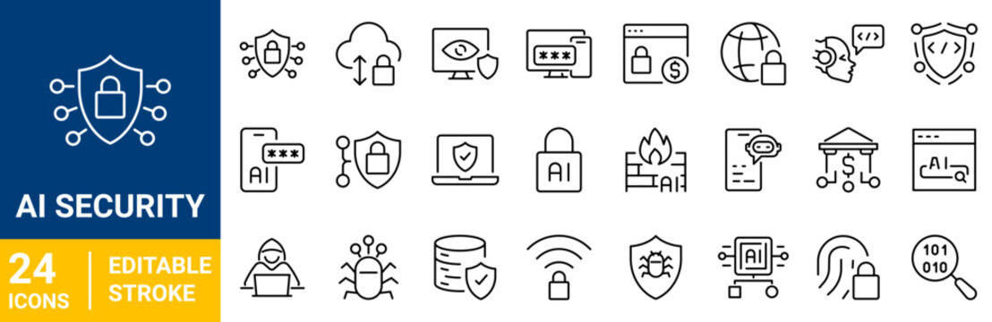 AI Security line icons in editable stroke style. Artificial intelligence, cybersecurity, data protection, cloud security, threat detection, authentication, privacy collection. Editable stroke. Vector